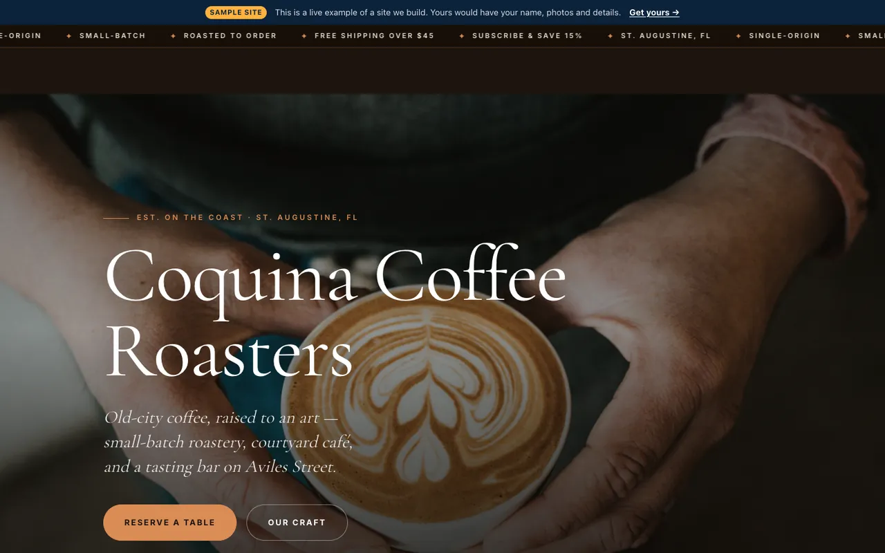 Top of the Signature-tier restaurant & café sample site built by Azuvyn